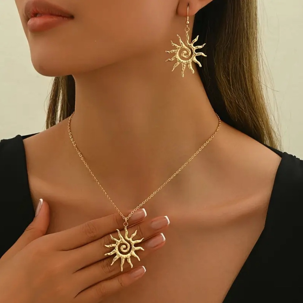 Gold Sun Pendant Necklace and Earring Set